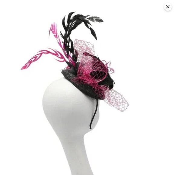 Sinamay Handmade Pink & Black Feather Fascinator | Derby Wedding Hat Headband - Picture 6 of 8